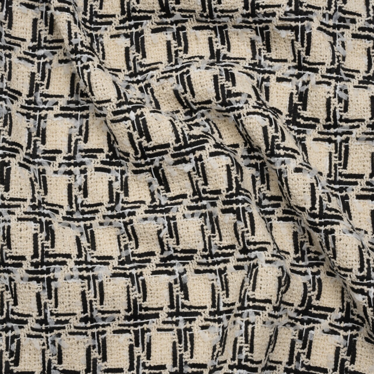 1 Yard Wool Blend Boucle Tweed Ivory and Black Houndstooth Deadstock